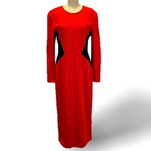 VINTAGE 80s hourglass silhouette maxi dress long sleeve lipstick‎ red black wool